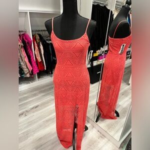 NWT Crochet coral dress with Side slit. Lining and spaghetti straps.